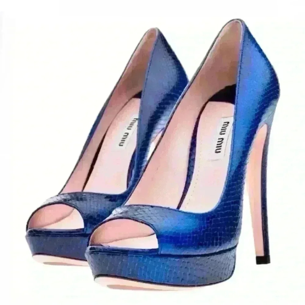 Miu Miu Blue Python Embossed Leather Peep Toe Pla… - image 3
